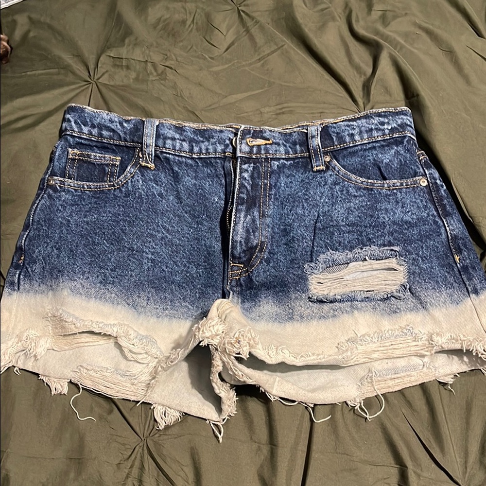 Blue and White Distressed Jean Shorts